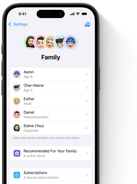 iPhone screen showing the Family page in Settings, Memojis of individual family members, each set against its own colourful circle, arrayed at the top, same Memojis in a list beneath them showing all members of the Family Sharing group