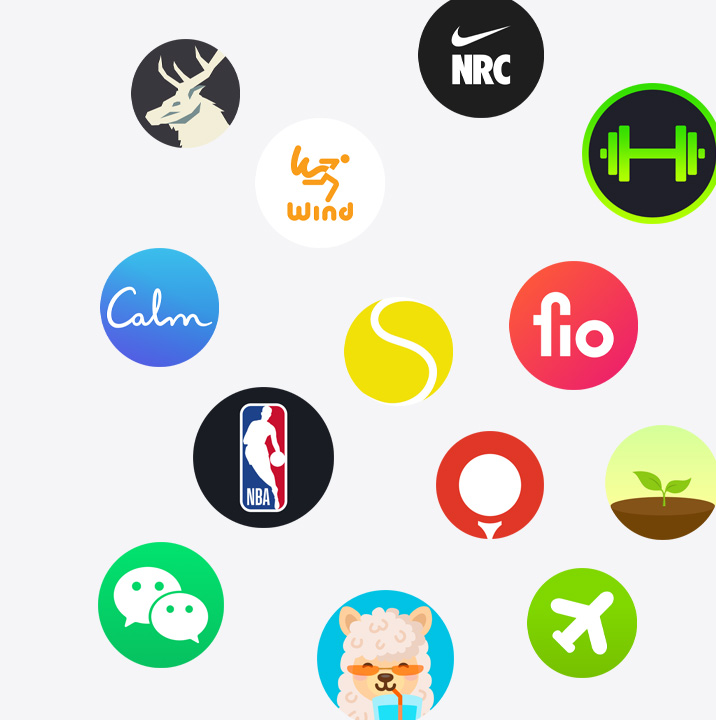 The icons of Apple Watch apps from the App Store. ChargePoint, Yelp, Nike Run Club, SmartGym, Calm, NBA, SwingVision, Oceanic+, WeChat, Waterllama, Golfshot, JetBlue and AllTrails.