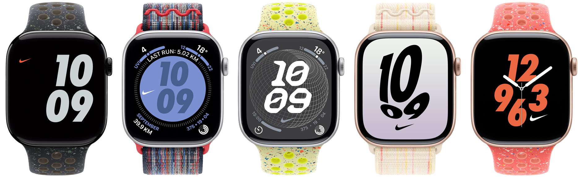 Five Apple Watch devices attached to Nike Sport Bands and Nike Sport Loops, showing Nike watch faces configured in various colors