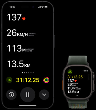 Live Activity showing a person’s biking metrics on both their Apple Watch Ultra 2 and their iPhone.