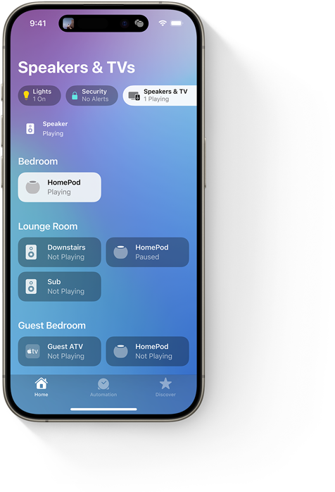iPhone showing the Home app 'Speakers and TV' UI