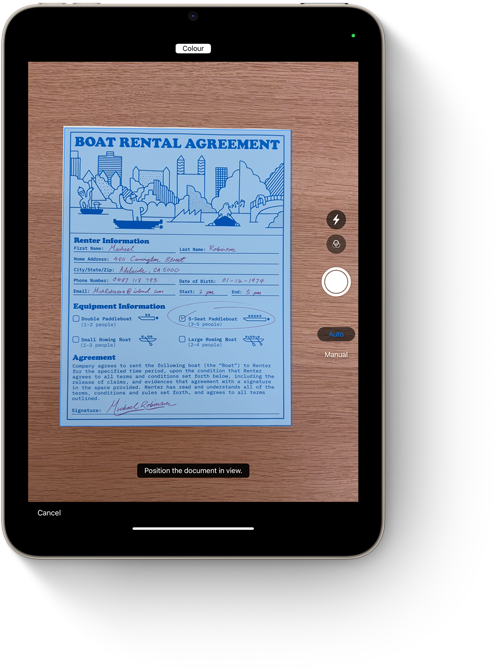 iPad mini displaying the document scanning feature in Notes.