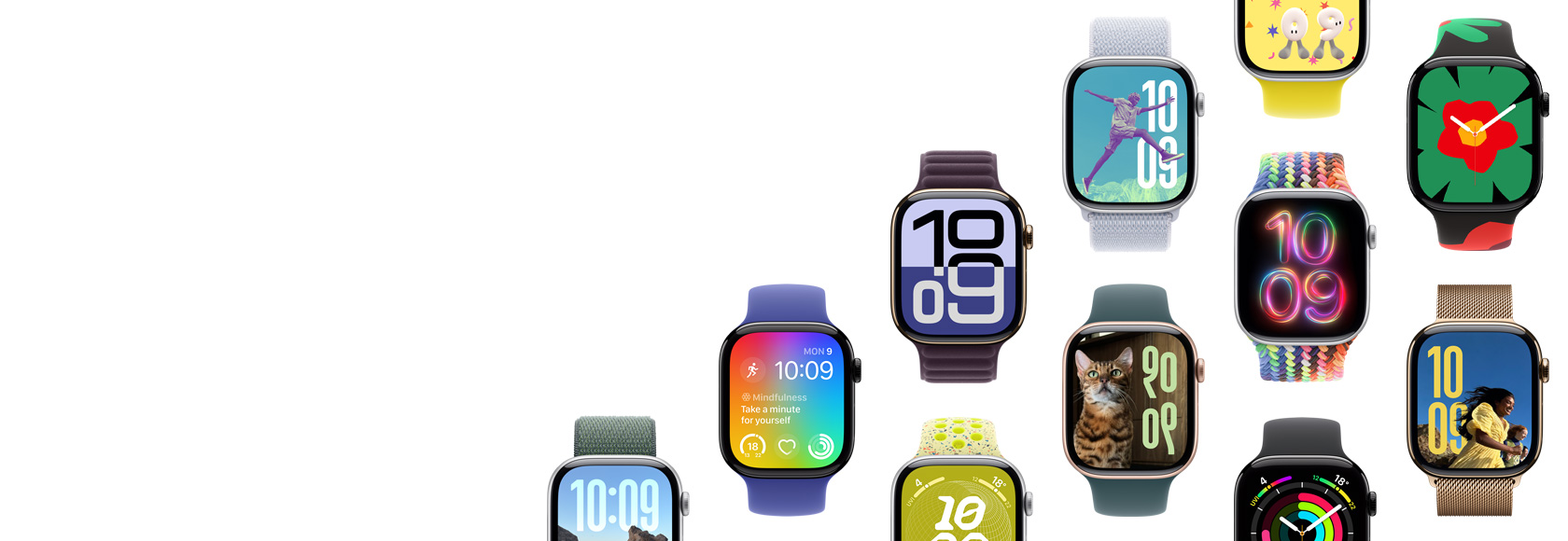 Many different case, band and watch face combinations to show the possibilities.