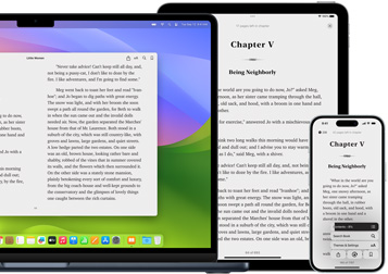 MacBook Pro and iPad Air display a page from the same ebook in the Books app. Apple Watch and iPhone 15 screens display a book cover from the same audiobook. An AirPod Pro case open to show both AirPod Pro earbuds.