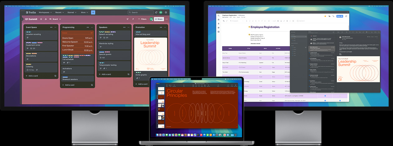 MacBook Pro with two Studio Displays — onscreen, a user prepares for a leadership summit, tracking tasks in the app Trello, preparing a presentation, and reviewing design files via email