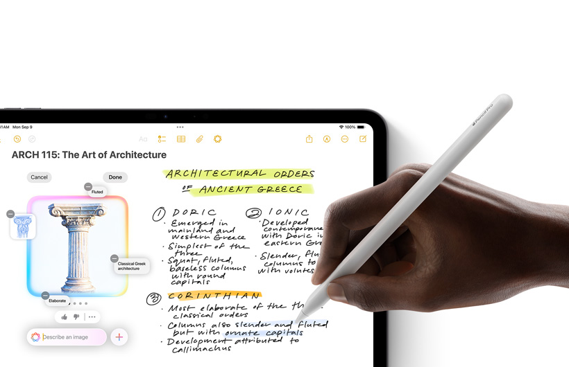 Ręka trzymająca Apple Pencil rysuje okrąg wokół szkicu w aplikacji Notatki na iPadzie.