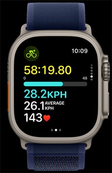 Apple Watch Ultra 2 demonstrating how fast a person is riding their bike.