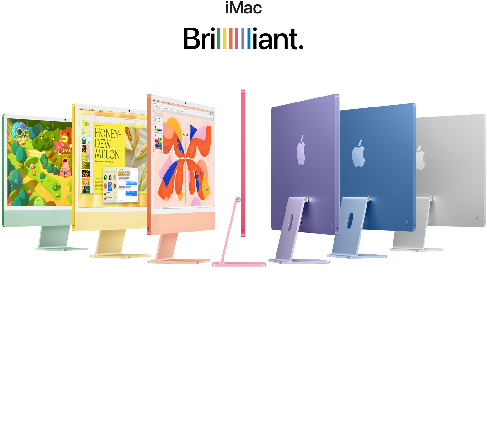 7 iMacs in different colors (Green, Yellow, Orange, Pink, Purple, Blue, Silver) in a accordion arrangement