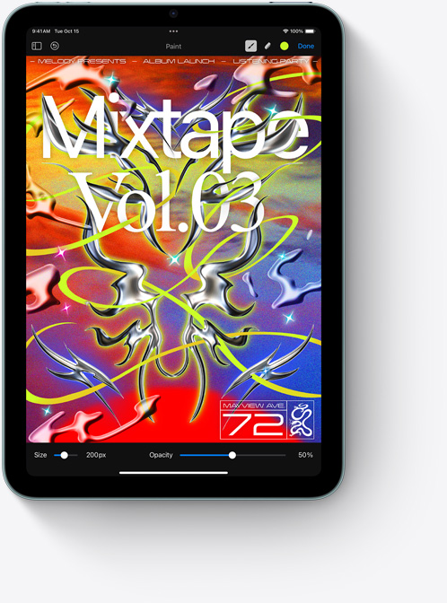 iPad mini shown in portrait view displaying a colorful Pixelmator screen.