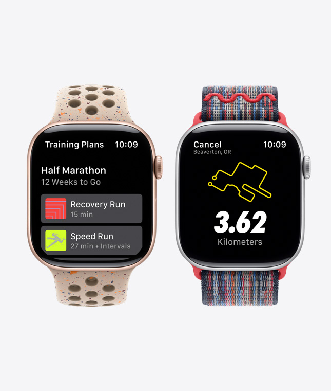 Dvoje hodinky Apple Watch ukazujúce funkcie Nike Run Club vrátane tréningových plánov a riadených behov