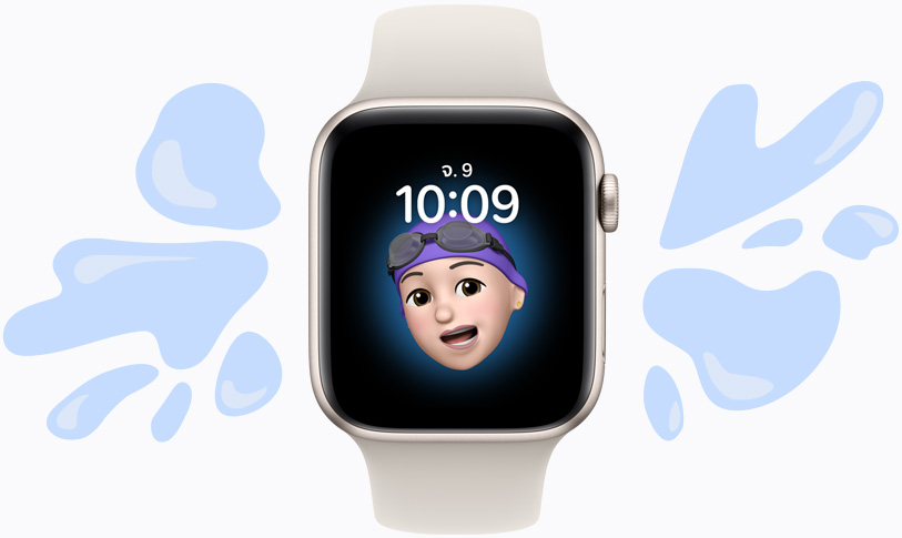 Apple Watch ที่มีน้ำกระเด็นอยู่รอบๆ