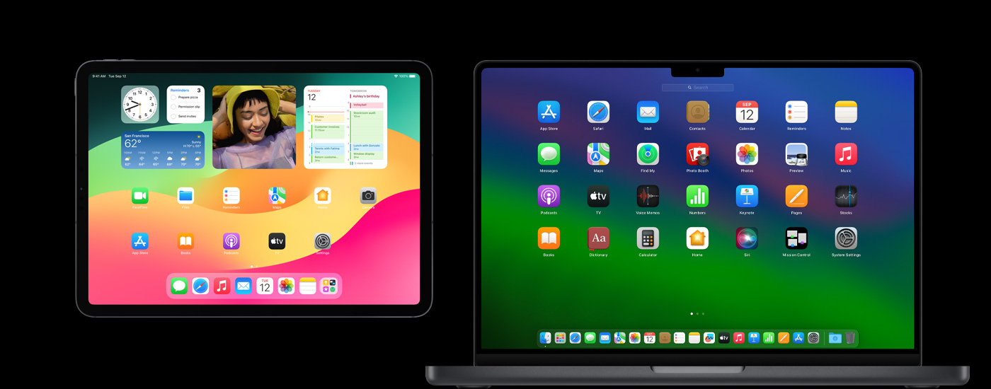 iPad และ Mac แสดงหลากหลายไอคอนแอป iPad แสดงวิดเจ็ตต่างๆ ซึ่งรวมถึงปฏิทิน สภาพอากาศ และรูปภาพ