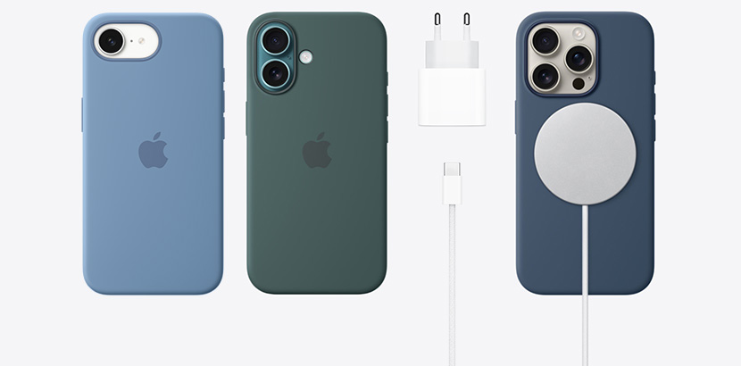 iPhone 16e and iPhone 16 lineup with accessories like various silicone cases. 20W USB-C Power Adapter, 60W USB-C Charge Cable and MagSafe Charger.