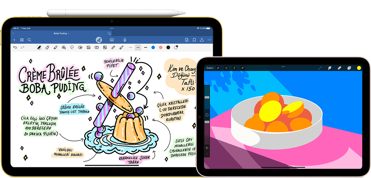 Solda dikey pozisyonda 10. nesil iPad, üstünde yapışık duran Apple Pencil USB-C ile yapılan bir çizim ve notların grafiği görülüyor. Sağda yatay pozisyonda iPad mini, ProCreate ile yapılmış renkli bir illüstrasyon görülüyor.