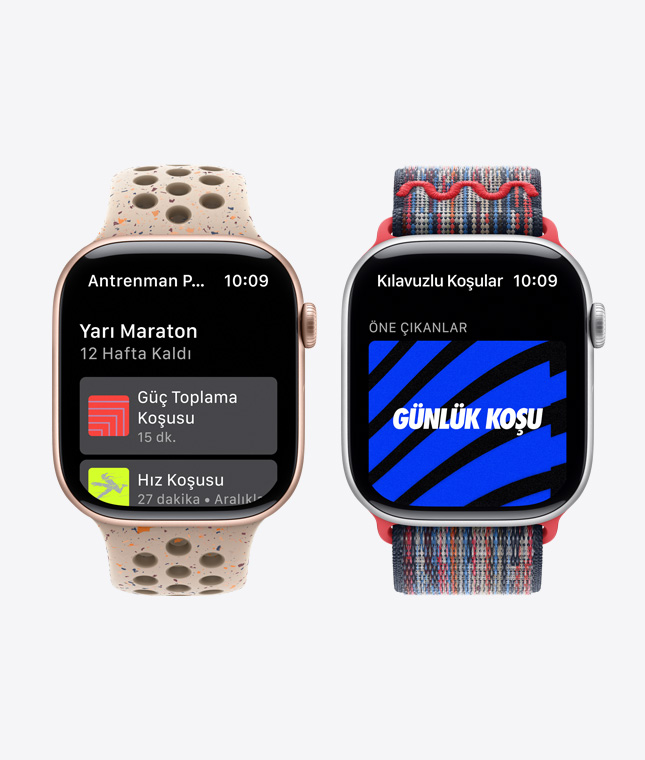 Two Apple Watch devices showing Nike Run Club features including Training Plans and Guided Runs