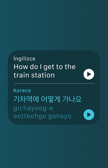 Çeviri uygulamasında “Tren istasyonuna nasıl giderim?” cümlesinin Korece çevirisi ve okunuşu gösteriliyor.