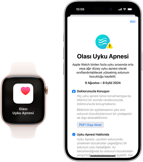 Sağlık uygulamasında Olası Uyku Apnesi bildirimi gösteren Apple Watch ve iPhone aygıtları.