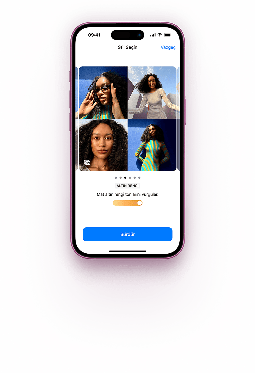 Pembe iPhone 16’da gösterilen dört Fotoğrafik Stil seçeneği