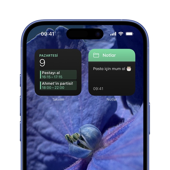 Ana Ekran’ının üst kısmında Takvim ve Notlar açılır pencerelerinin bulunduğu kişiselleştirilmiş iPhone 16