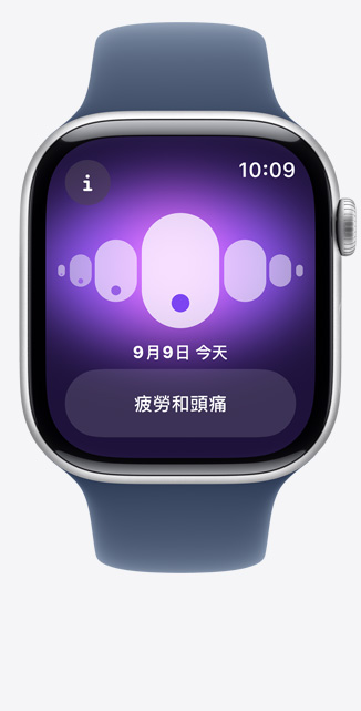 Apple Watch Series 10 的正面圖，螢幕展示經期追蹤 app，顯示疲勞和頭痛。