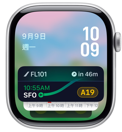 Apple Watch 螢幕顯示航班資訊。