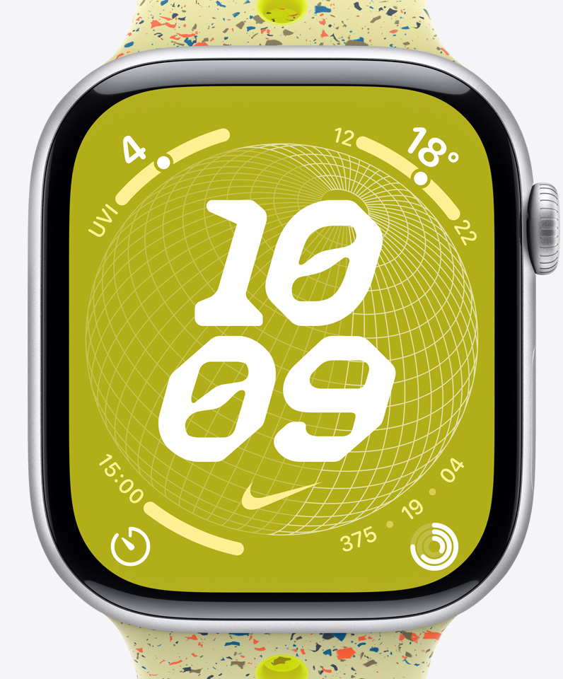 Nike Globe watch face showing time along with complications including Activity rings, UVI, temperature, and stop watch