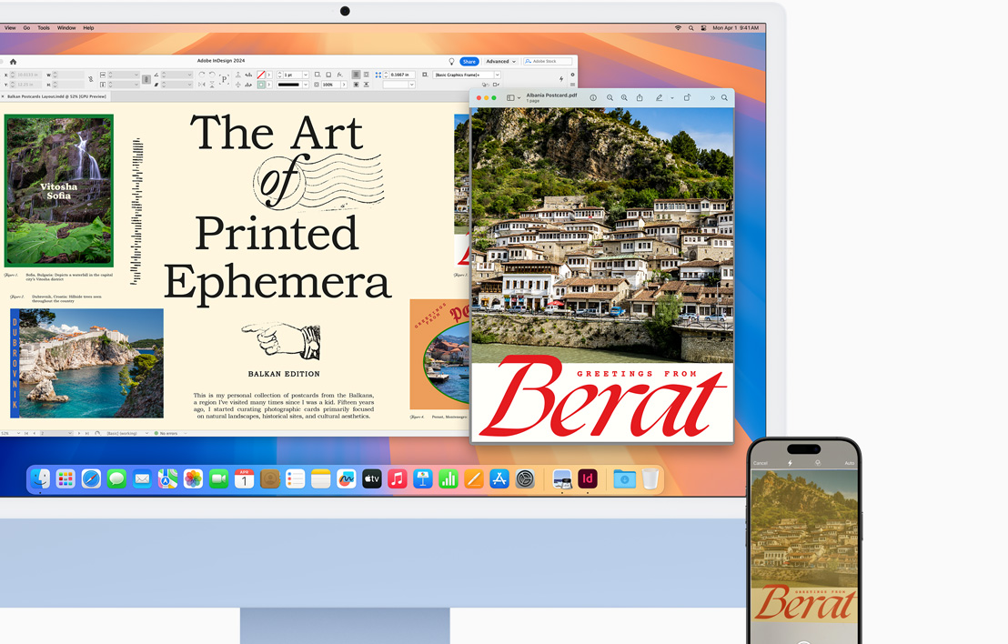 Синій iMac і iPhone демонструють ілюстрований документ на обох пристроях за допомогою функції Handoff.