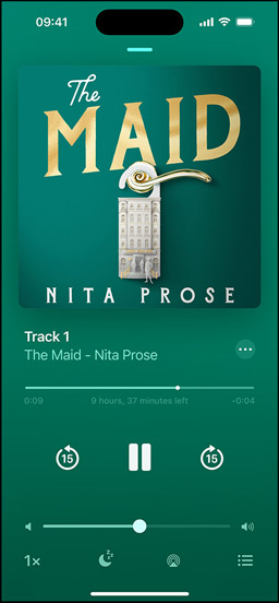 iPhone screen showing an audiobook. Below the cover art is playback controls, including a play button, volume slider, and jump ahead and jump back buttons.