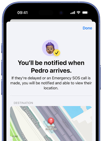 iPhone screen shows a confirmation that a Find My notification has been set up, text reads "You'll be notified when Pedro arrives", map with pinned location sits at bottom of screen