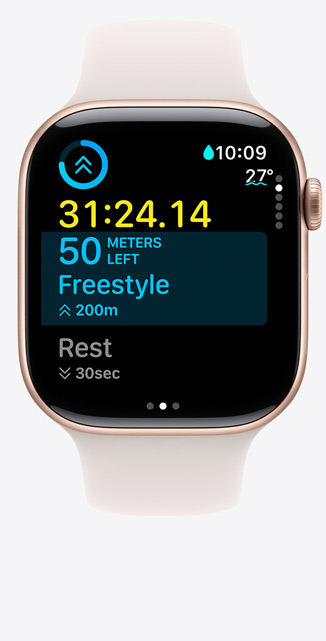 Front view of an Apple Watch Series 10 showing a Custom Workout screen for Pool Swim with swimming metrics onscreen.