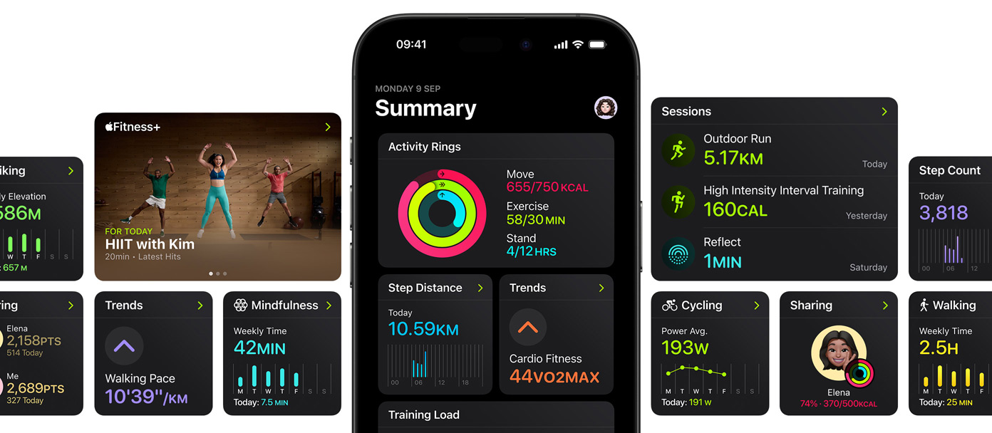 An iPhone in the centre of several screens showing customisation options for the summary page in the Fitness app.