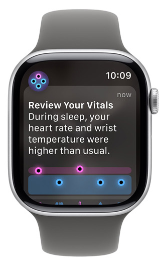 Apple Watch screen displaying an alert "Review Your Vitals"