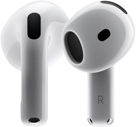 Twee AirPods 4 die om elkaar heen draaien en in verschillende posities tot stilstand komen.