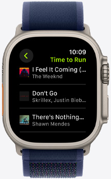 Apple Watch Ultra screen featuring an Apple Music playlist from a Fitness+ Time to Run workout