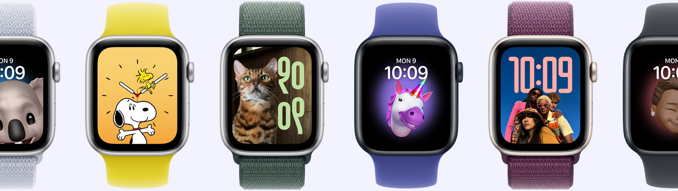 Six Apple Watch devices showing various watch face options, including Memoji, Photos, Portrait, and Snoopy