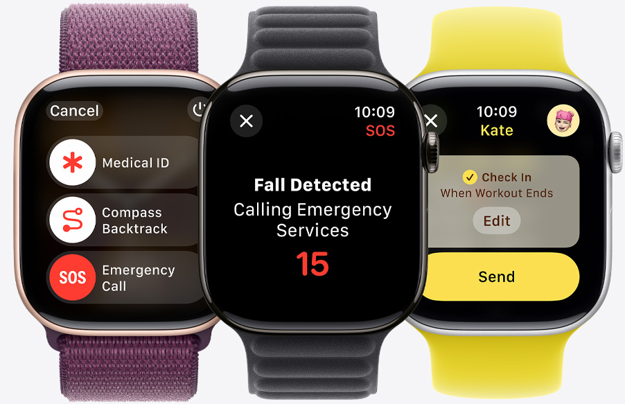 Apple Watch Series 10 s posuvníky tísňového volání, Zdravotního ID a Návratu s kompasem. Zaznamenání pádu na Apple Watch Series 10. Apple Watch Series 10 s Doprovodem těsně před odesláním.