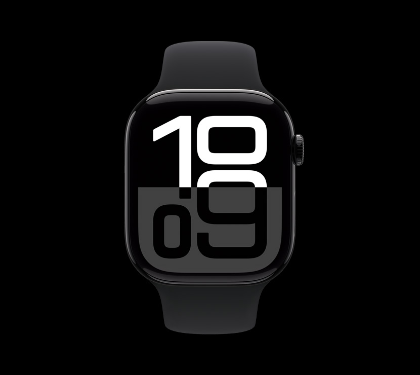 Vista frontal del acabado de aluminio negro azabache de un Apple Watch Series 10.