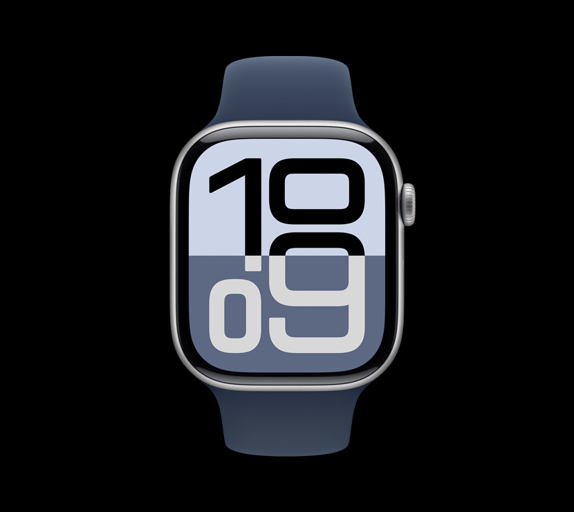 Fini en aluminium argent sur une Apple Watch Series 10 vue de face.