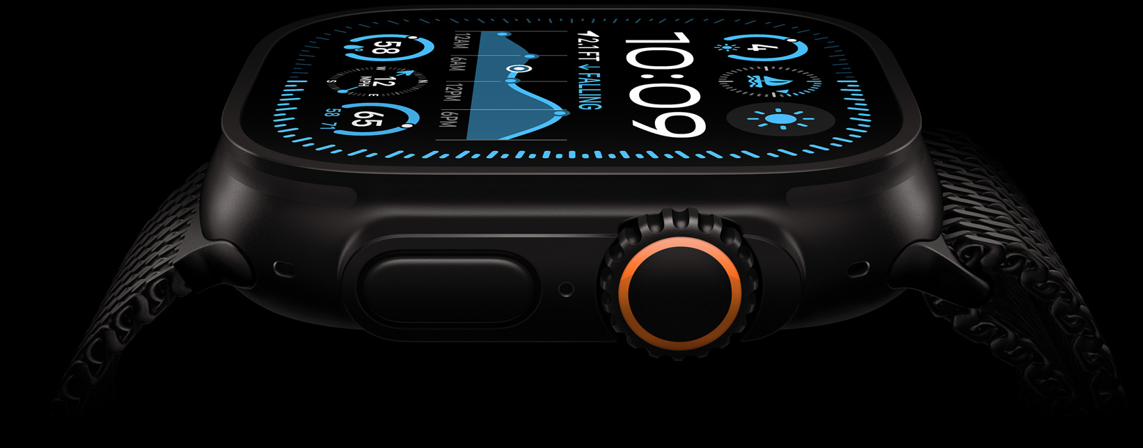 Apple Watch Ultra 2 screen, with a Black Titanium case, displaying time, temperature, and live activities.