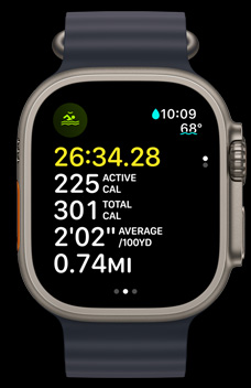 Apple Watch Ultra 2 demonstrating an open water swim with the time, calories and pace.