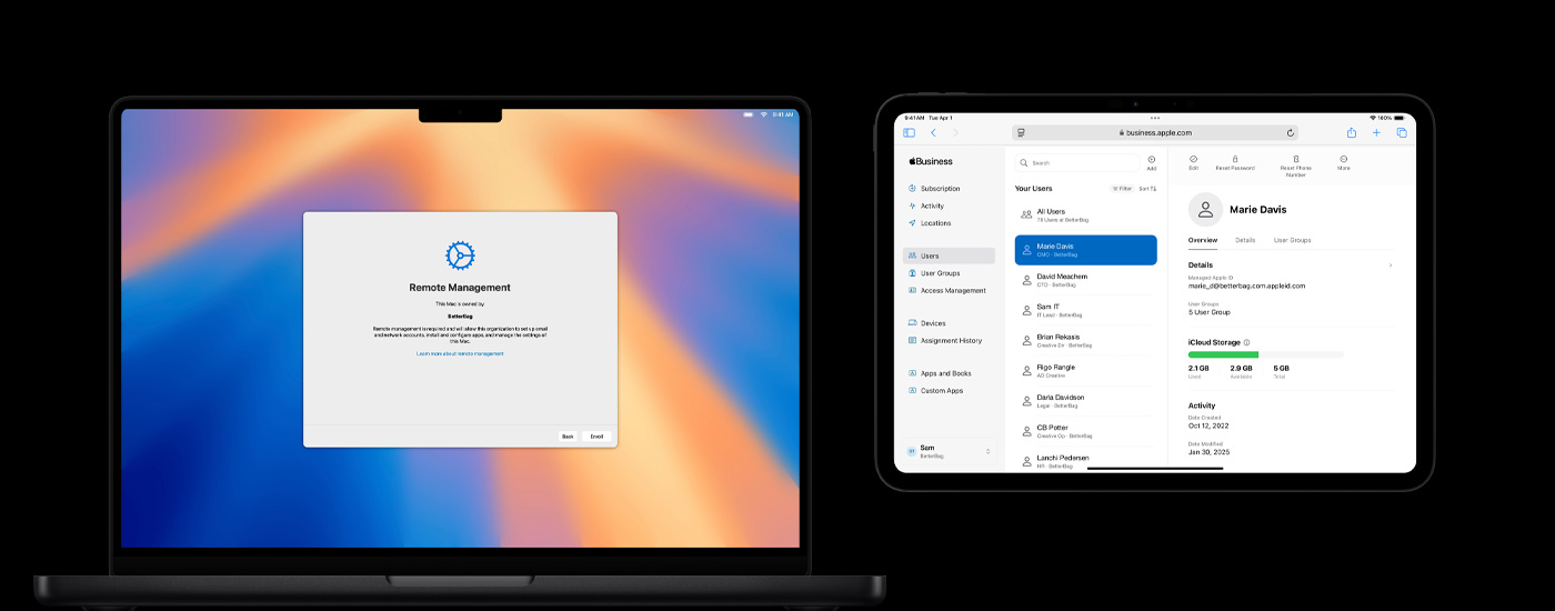 Two Apple devices side by side: A Mac computer displaying a Remote Management window, and an iPad showing a Remote User Management screen.