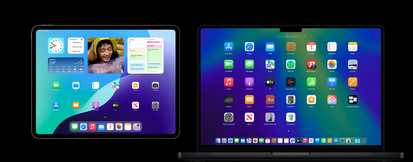 An iPad and a Mac displaying various app icons. The iPad shows several widgets, including Calendar, Weather, and Photos.