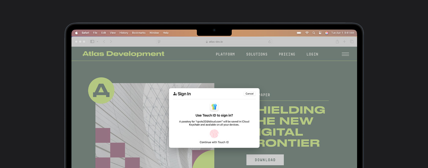 A Touch ID window on a Mac screen with a browser window displaying a website behind.