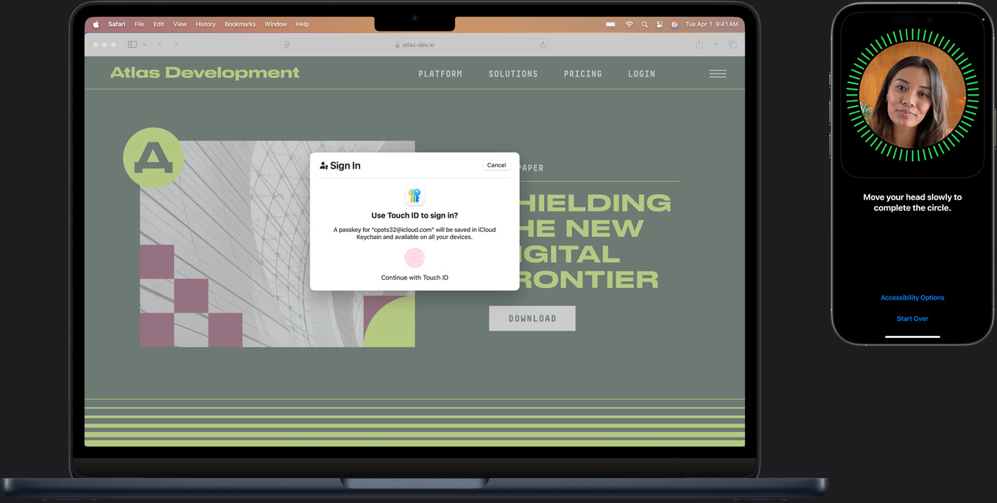 A Mac and iPhone featuring different elements of Touch ID to securely sign in.