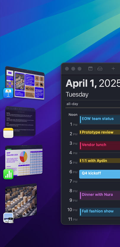 Various iOS apps displayed on a desktop using Stage Manager, the Calendar app showing a schedule is prominently displayed.