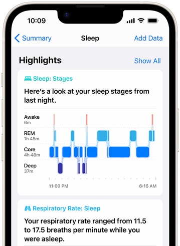 An iPhone device displaying Sleep Stages in the Health app.