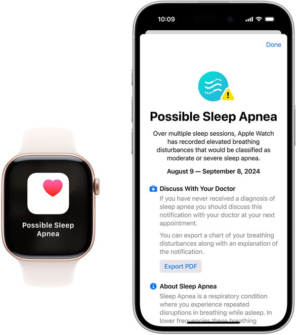 Apple Watch and iPhone devices displaying Possible Sleep Apnoea notifications in the Health app.