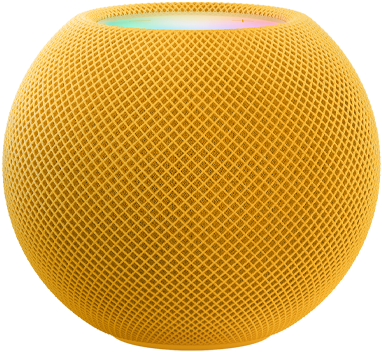 Yellow HomePod mini with colourful pixels in motion above it spelling the word “mini”.