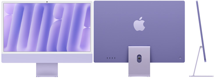 Vista delantera, posterior y lateral del iMac morado