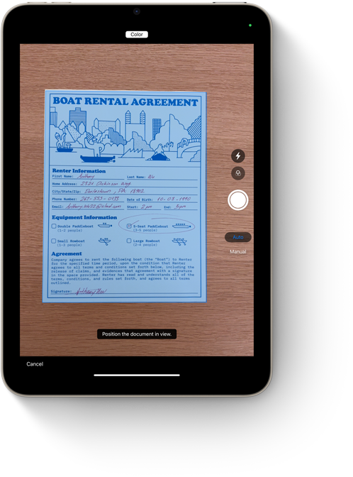 iPad mini displaying the document scanning feature in Notes.